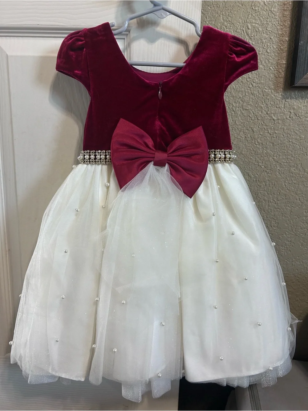 American Princess Burgundy and Ivory Pearl-Trim Velvet Party Dress